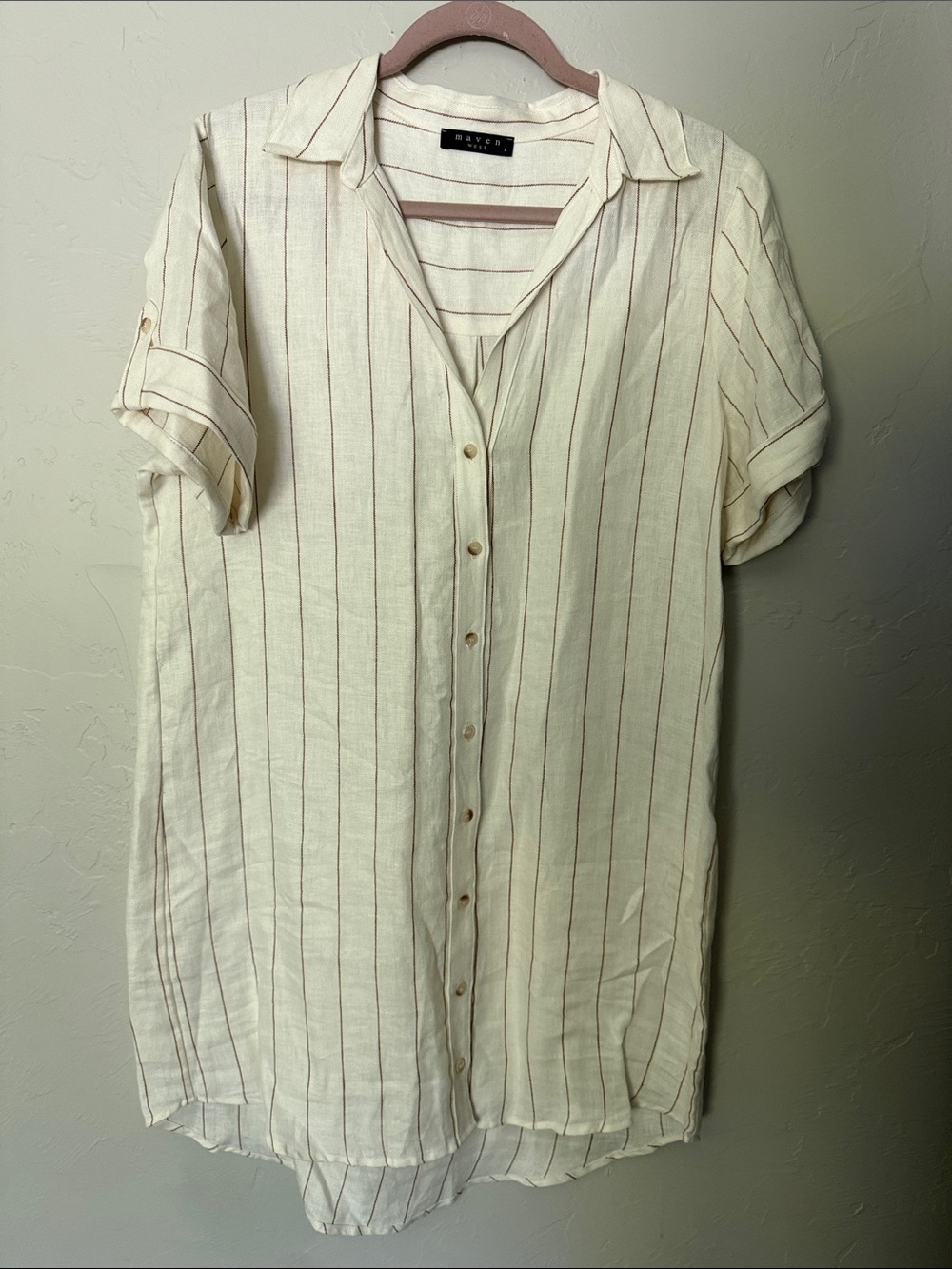 Maven West Cream Top with Brown Pinstripes size Large